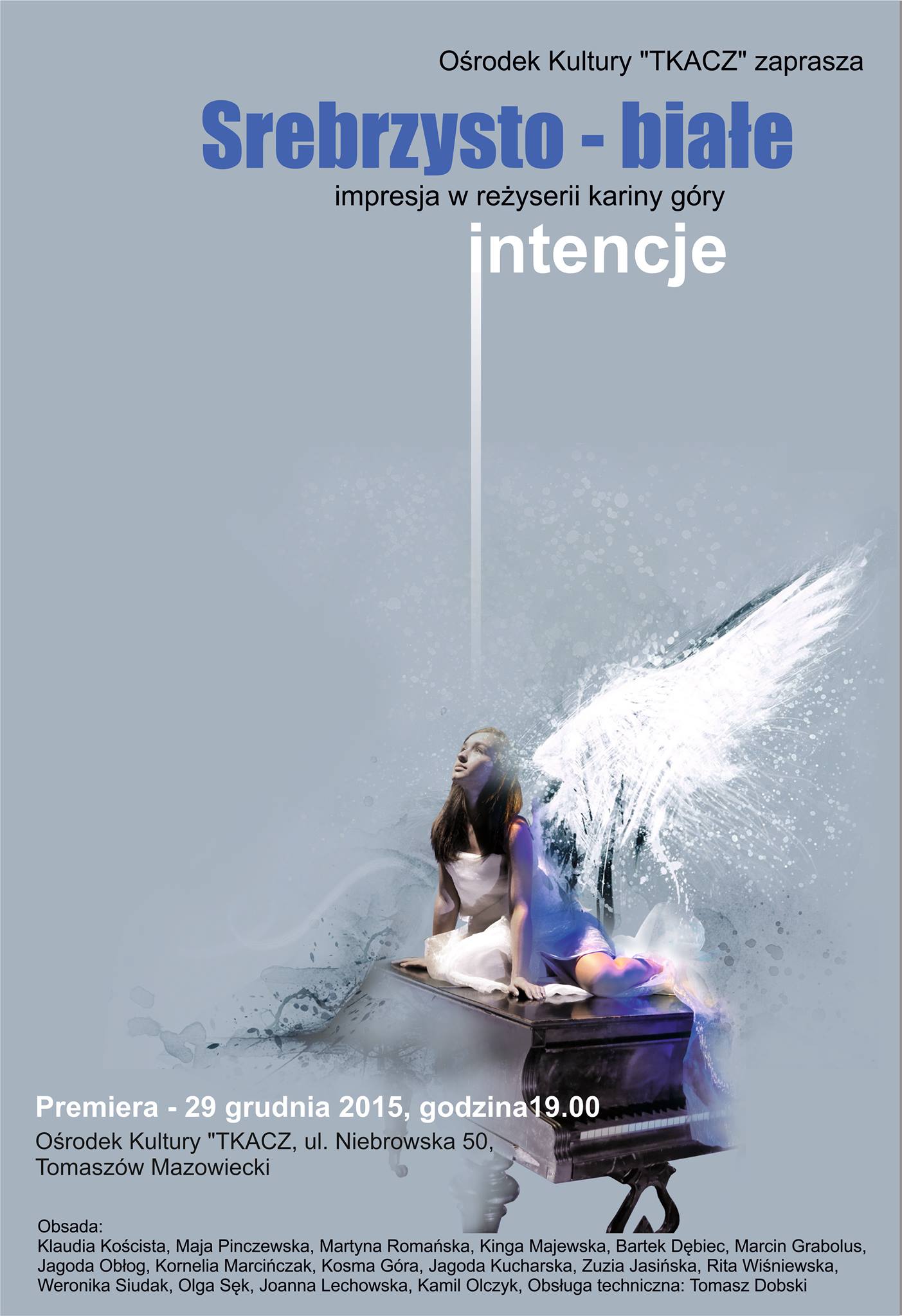 Plakat spektaklu Srebrzysto - Białe intencje