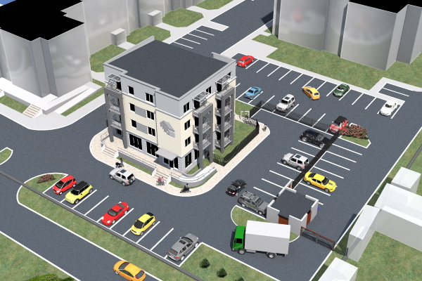 Wizualizacja nowego bloku wraz z parkingiem