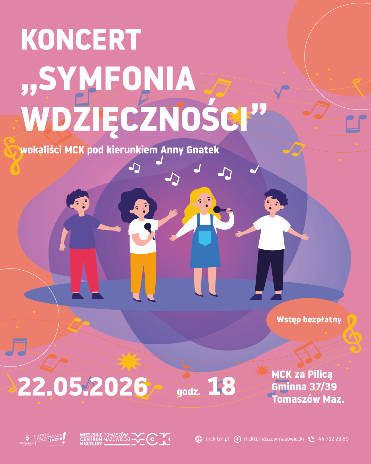 Na zdjęciu grafika przedstawiająca czwórkę dzieci w kolorowych ubrankach, dziewczynka blondynka śpiewa do mikrofonu