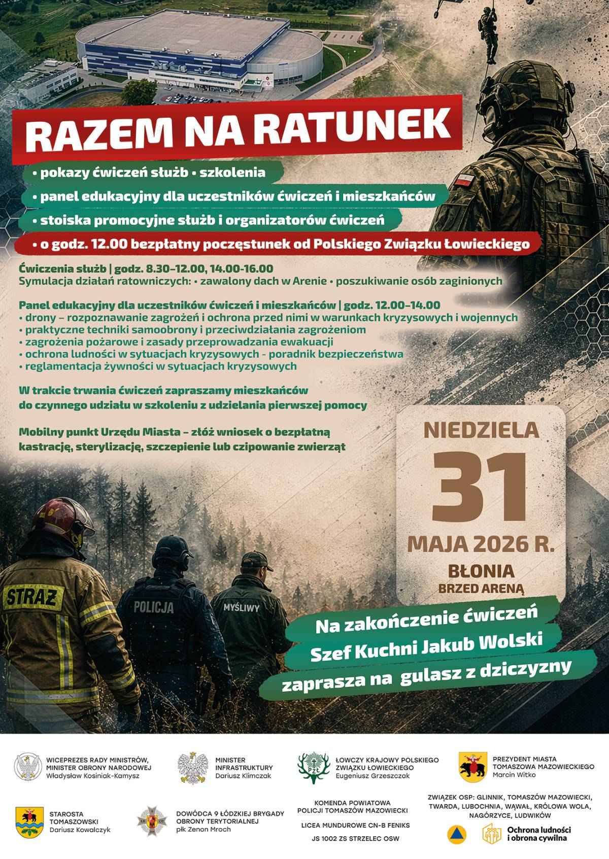 Na zdjęciu plakat ćwiczeń Razem na Ratunek, na plakacie budynek Areny Lodowej i sylwetki umundurowanego żołnierza, strażaka, policjanta i leśnika