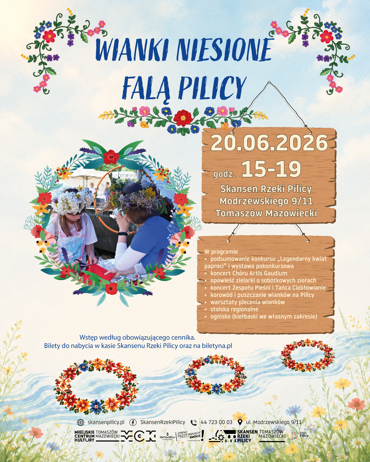 Na zdjęciu plakat zapowiadający puszczanie wianków na rzece Pilicy. Na plakacie dziewczynka, która zaplata wianek pod okiem instruktorki