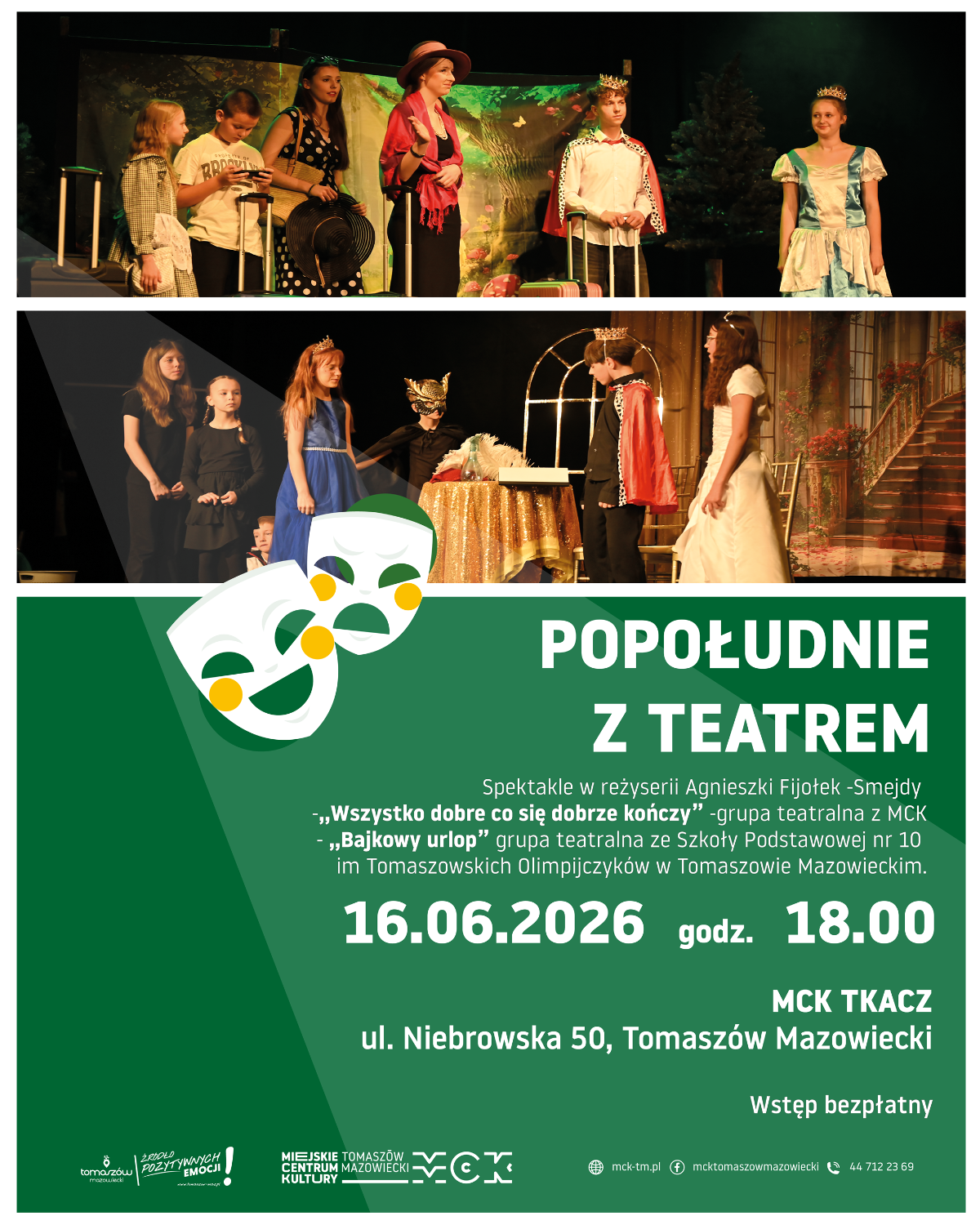 Na zdjęciu plakat zapowiadający Popołudnie z Teatrem w Miejskim Centrum Kultury. Na plakacie fotosy z poprzednich przedstawień oraz informacja tekstowa