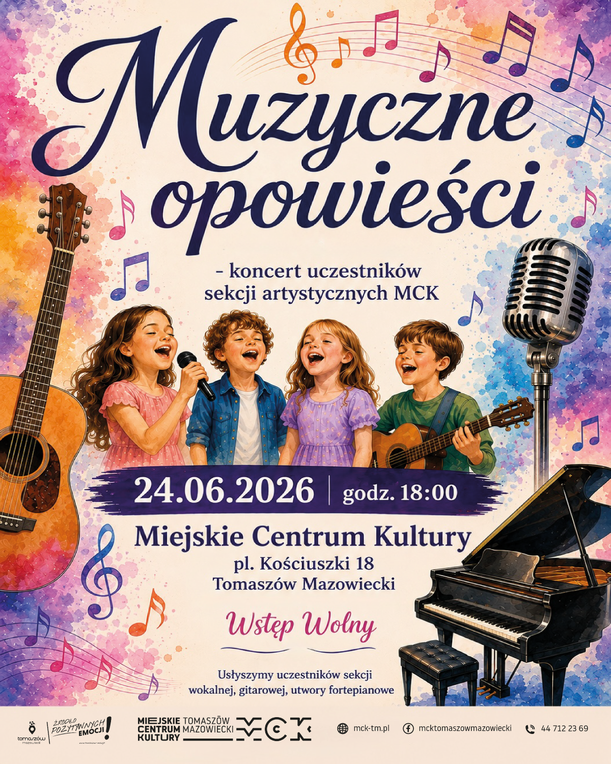 Na zdjęciu plakat koncertu uczestników zajęć wokalnych w Miejskim Centrum Kultury. Na plakacie grafika dwóch chłopców i dwóch dziewczynek śpiewających in grających na gitarze. Obok fortepian, gitara i nutki