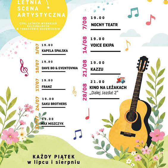 Na plakacie grafika gitary akustycznej, polnych kwiatów i nutek plus harmonogram koncertów