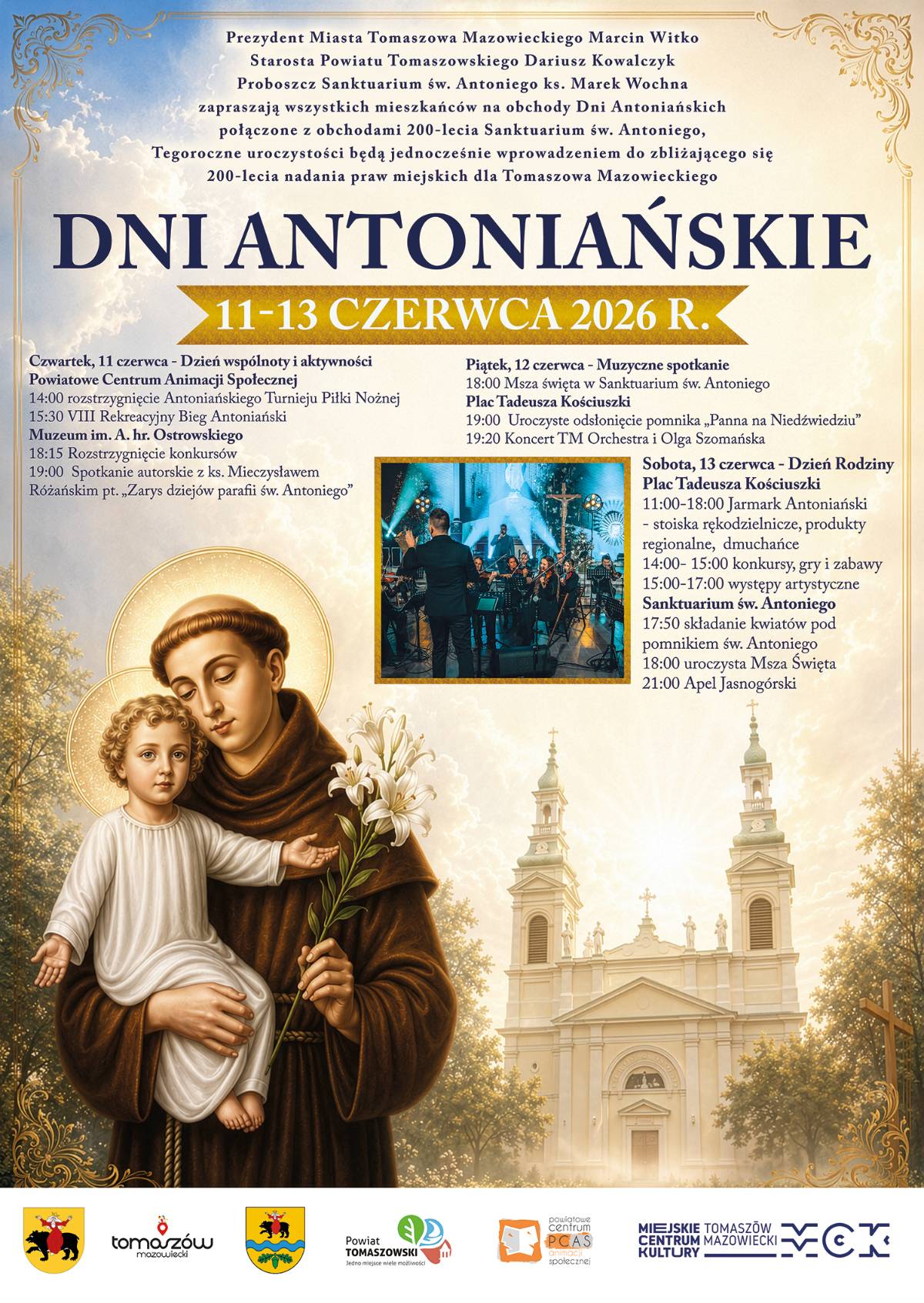 Na zdjęciu plakat Dni Antoniańskich 2026, na plakacie figurka św. Antoniego i fotos z koncertu TM Orchestry