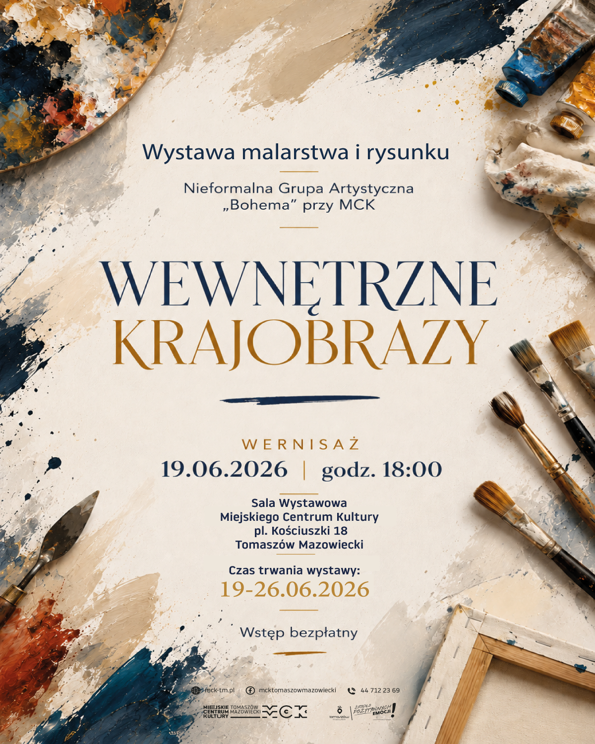 Na plakacie zapowiadającym wystawę zdjęcia przyborów malarskich: \blejtram, pędzle, farby, smugi kolorów