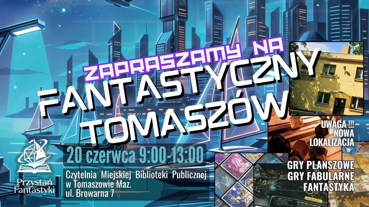 Na zdjęciu baner spotkania miłośników gier planszowych. Na banerze futurystyczne miasto