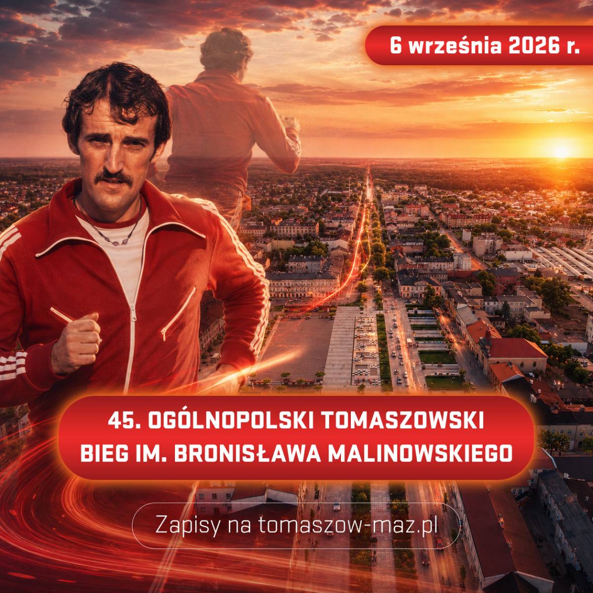 Na zdjęciu baner z zapisami na 45. Ogólnopolski Tomaszowski Bieg im. Bronisława Malinowskiego. Na plakacie centrum miasta z lotu ptaka oraz postać Bronisława Malinowskiego w dresie