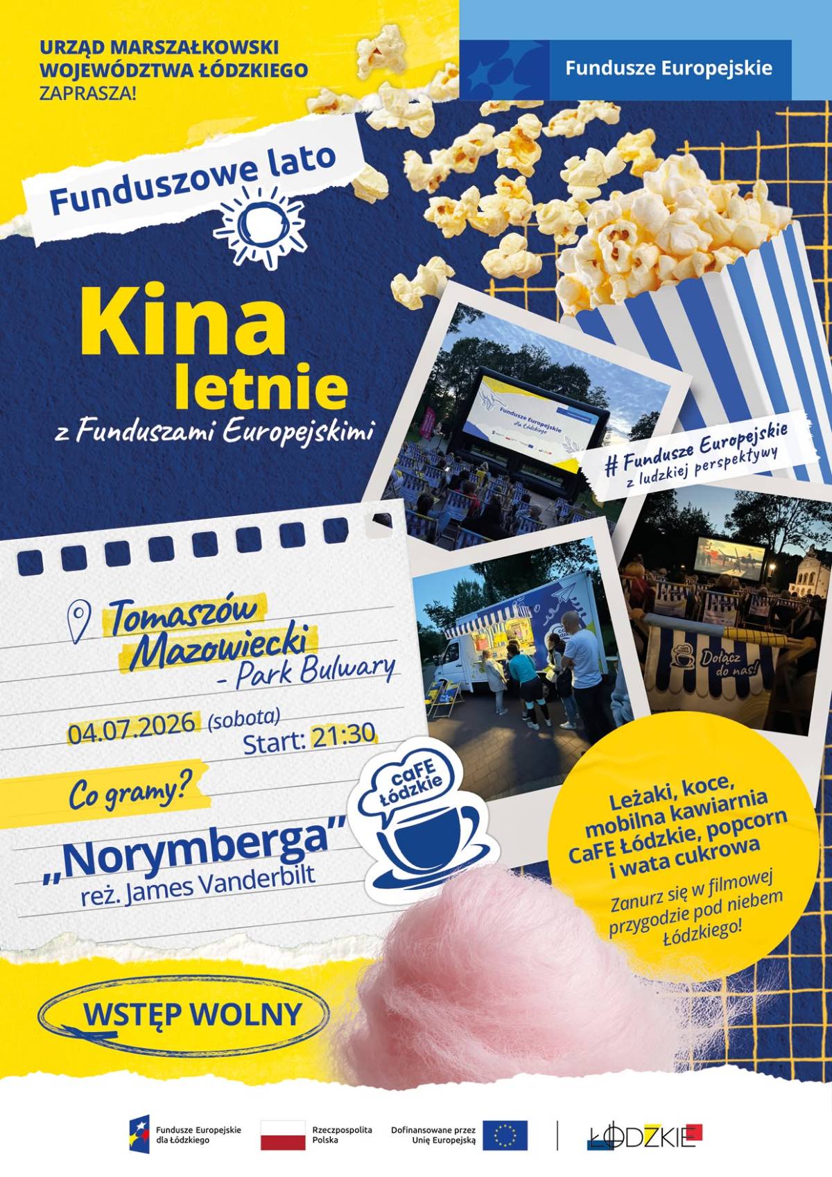 Na zdjęciu baner kina letniego z Funduszami Europejskimi. Na banerze fotosy z pokazów filmowych plenerowych oraz grafika popcornu i filiżanki z kawa