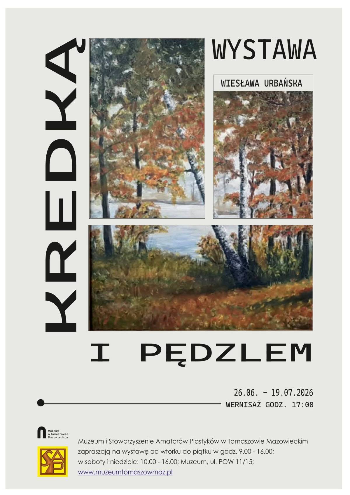 Na zdjęciu plakat wystawy Stowarzyszenia Amatorów Plastyków w muzeum. Na plakacie jedna z prac przedstawiająca brzozy