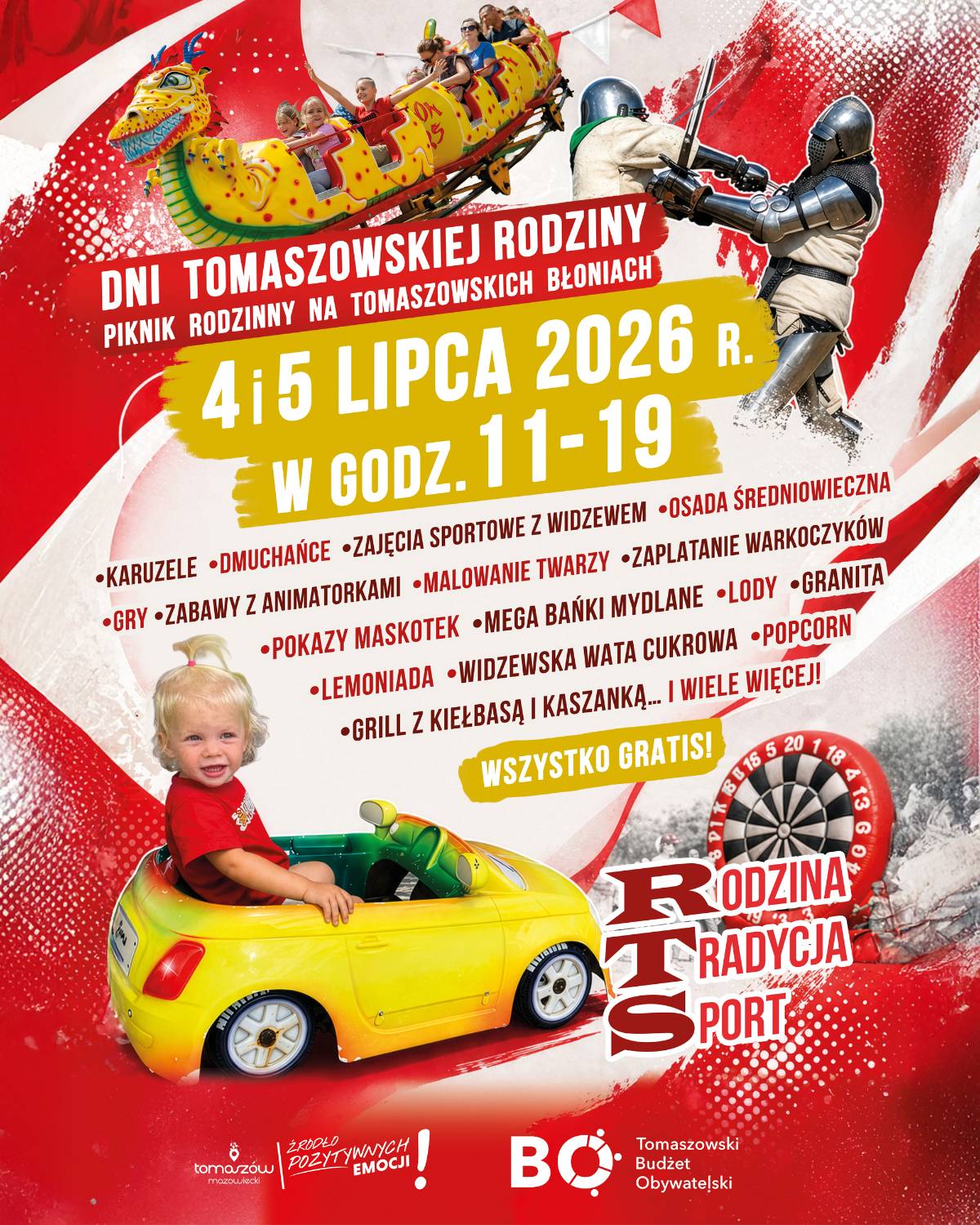 Na plakacie dziecko w żółtym autku zabawce, rollercoaster w kształcie smoka oraz dwaj średniowieczni rycerze