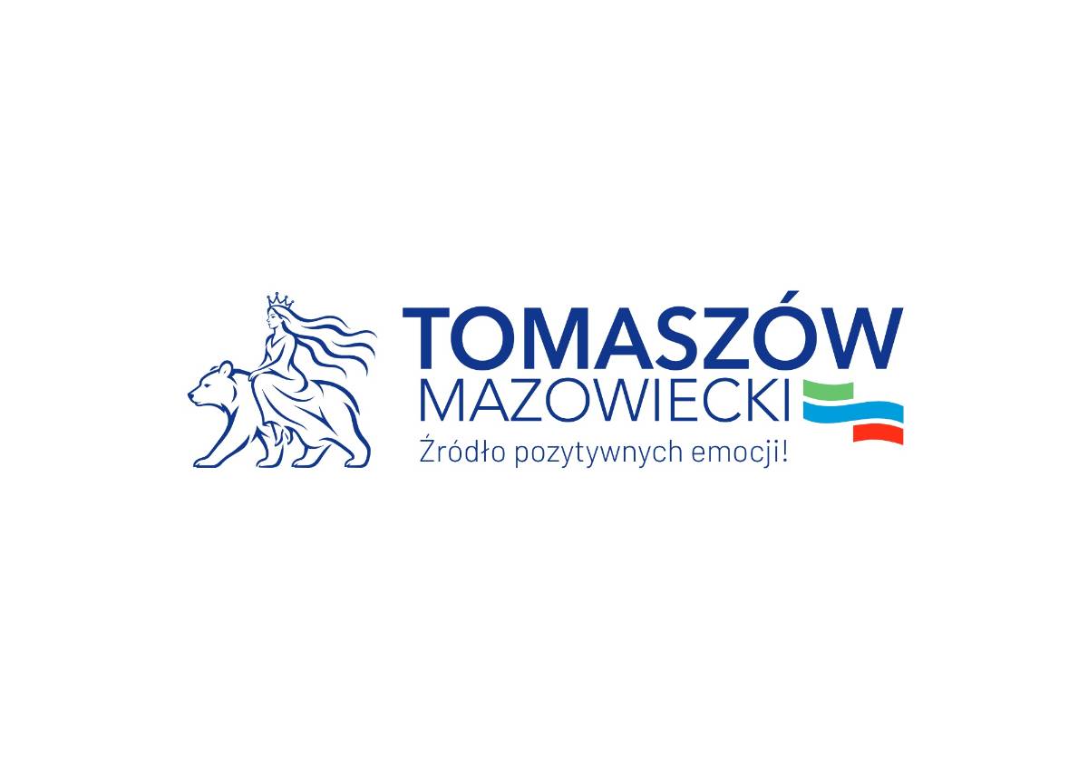 Na zdjęciu nowe logo Tomaszowa Mazowieckiego - Panna na Niedźwiedziu i trzy linie, zielona, niebieska i czerwona