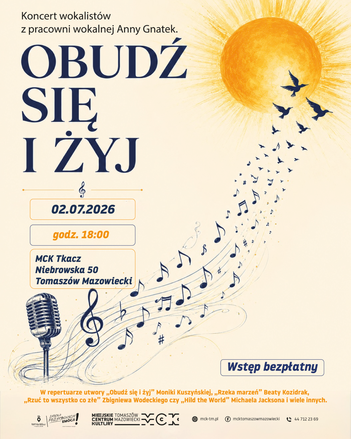 Na zdjęciu plakat koncertu w MCK. Na plakacie grafika mikrofon i nuty zmieniające się w ptaki i ulatujące do nieba