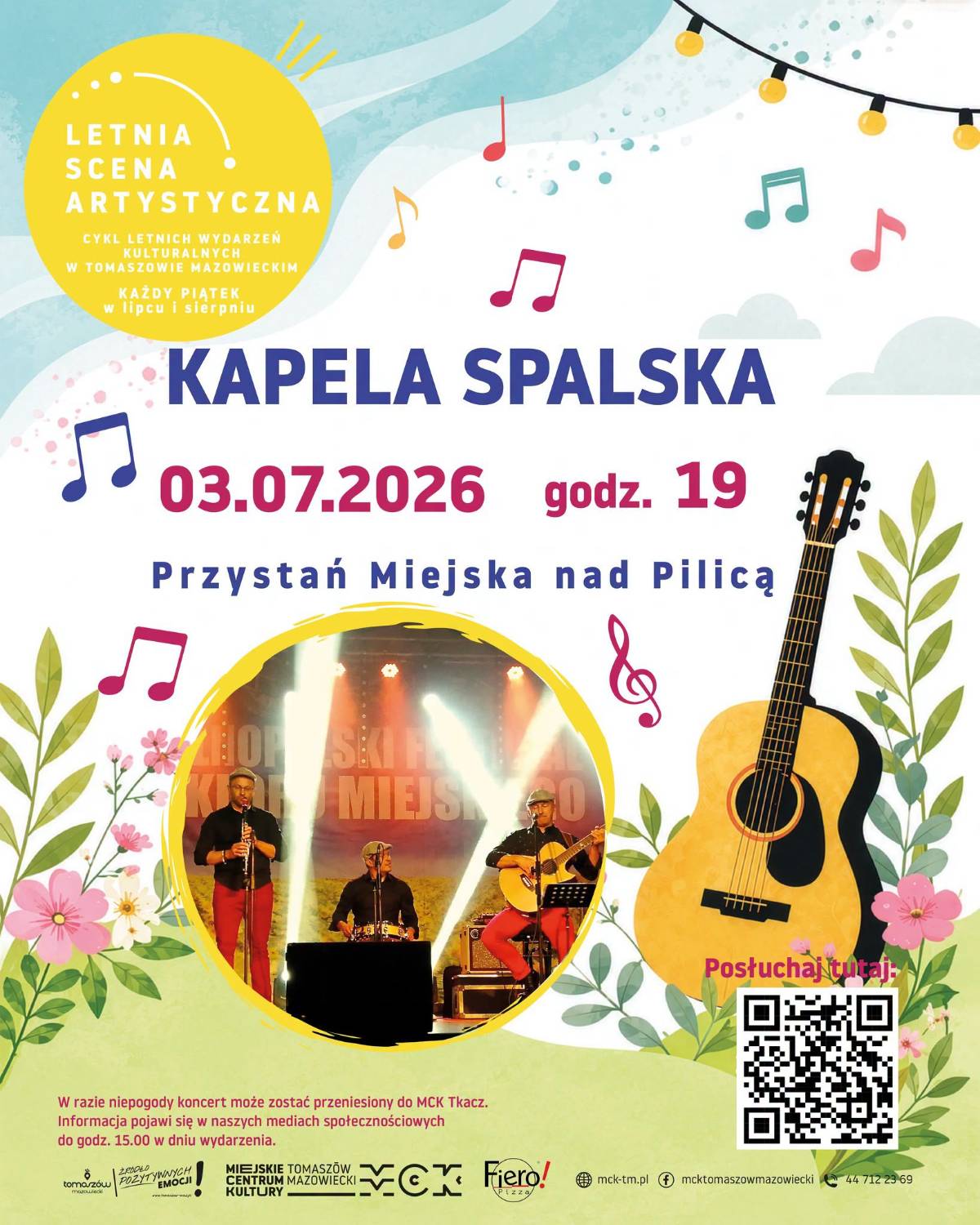 Na plakacie grafika polnych kwiatów, akustycznej gitary, nutek otaczająca zdjęcie muzyków Kapeli Spalskiej