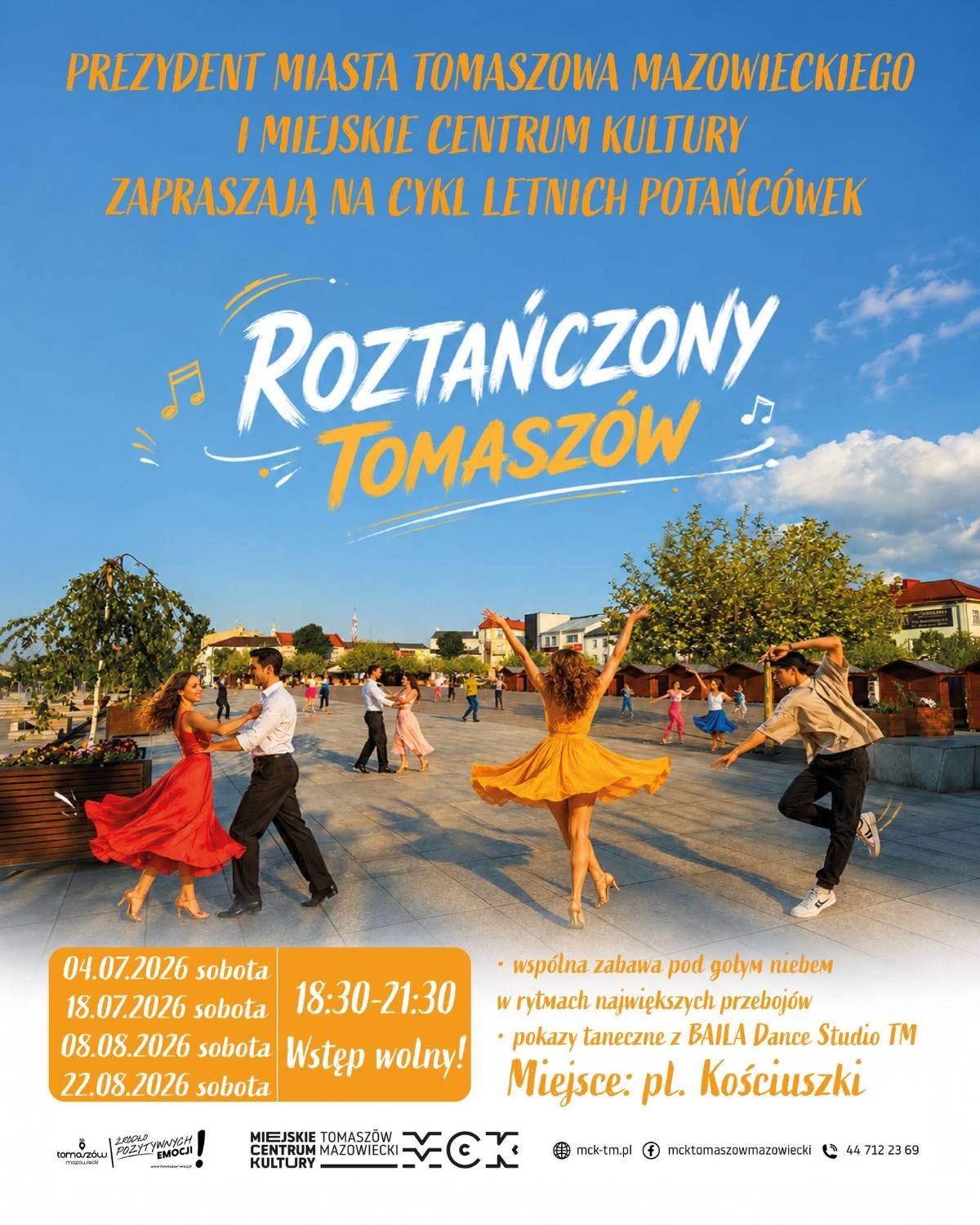 Na zdjęciu plakat potańcówek na Placu Kościuszki. Na plakacie pary tańczące na płycie Placu Kościuszki
