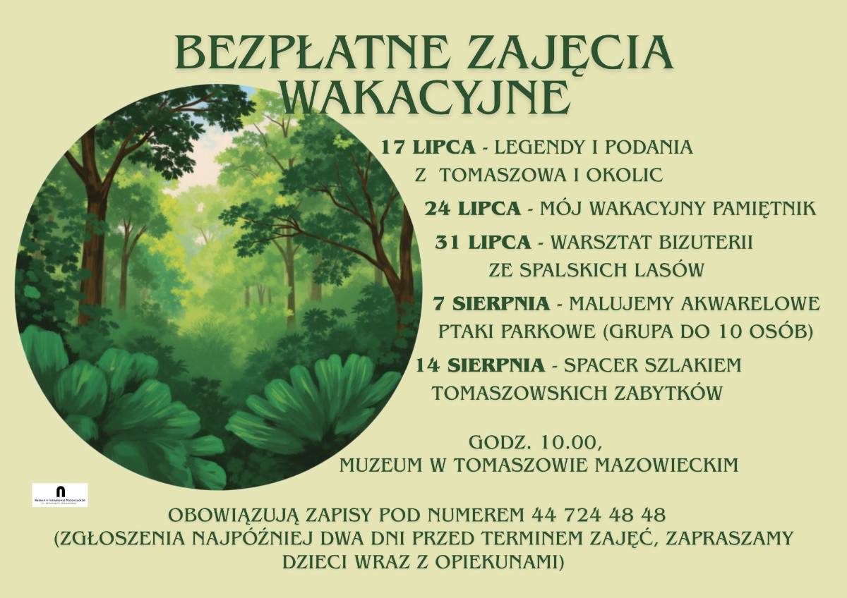 Na zdjęciu plakat bezpłatnych zajęć wakacyjnych w Muzeum. Na plakacie grafika z leśna puszczą i informacja tekstowa