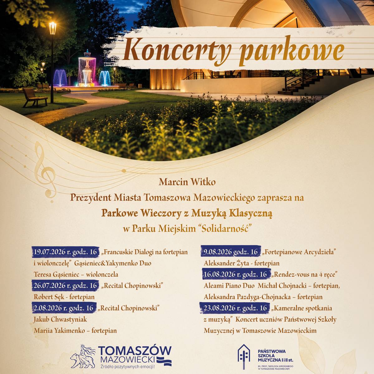 Na plakacie harmonogram Koncertów Parkowych w parku Solidarność. Na plakacie podświetlony amiteatr muszla i fontanna