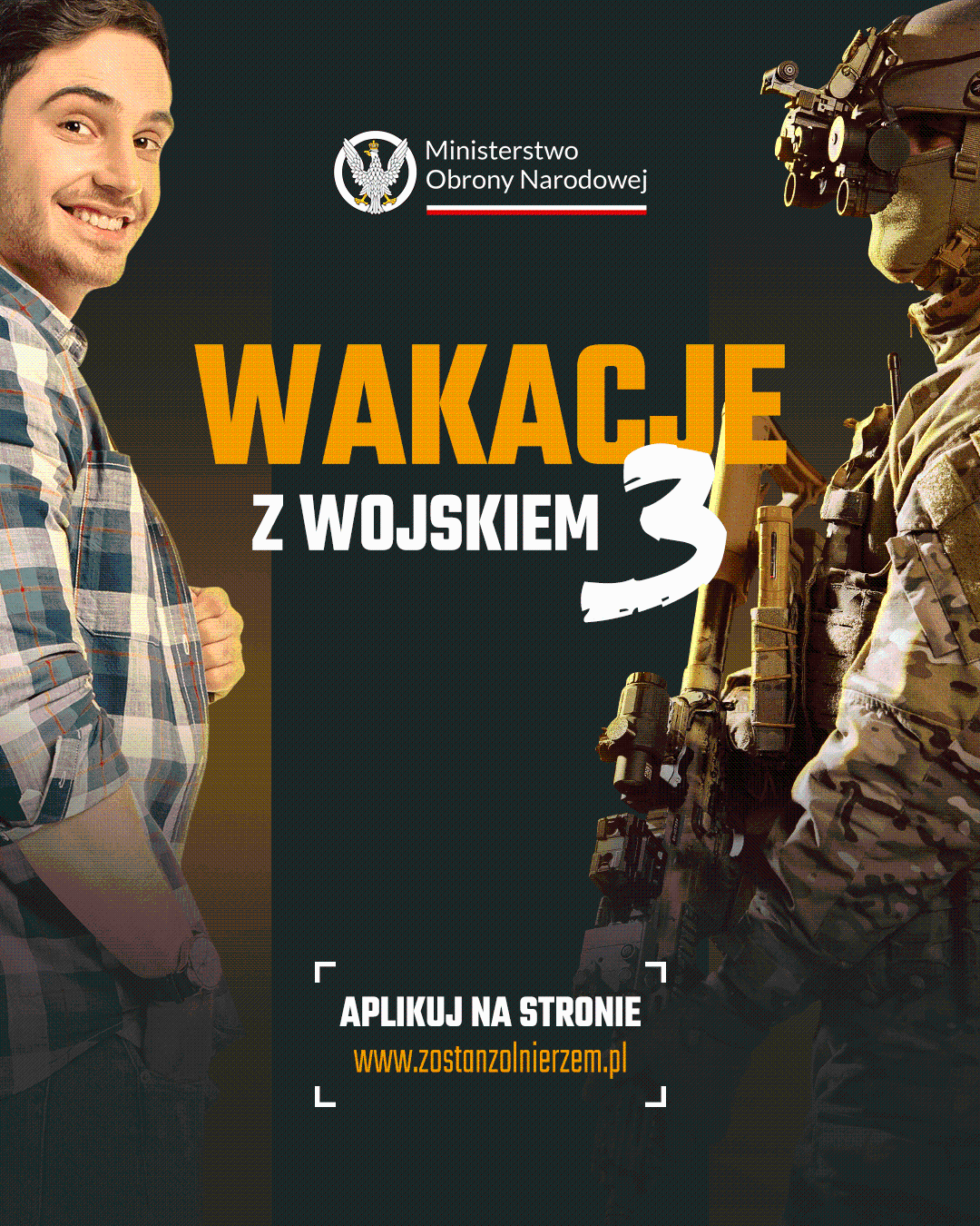 Na plakacie mężczyzna w cywilnym ubraniu, na przeciwko niego żołnierz WP w pełnym umundurowaniu i uzbrojeniu bojowym