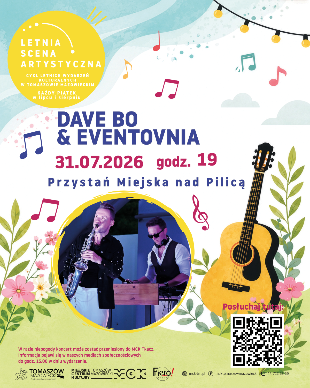 Na zdjęciu plakat koncertu Dave Bo i Eventovnia w ramach Letniej Sceny Artystycznej. Na plakacie fotosy artystów oraz grafiki gitary klasycznej, nut i polnych roślin i kwiatów