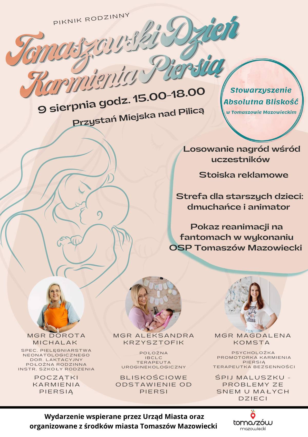 Na plakacie fotografie osób, które poprowadzą wykłady i porady dla młodych matek oraz grafika matki trzymającej na rękach niemowlę