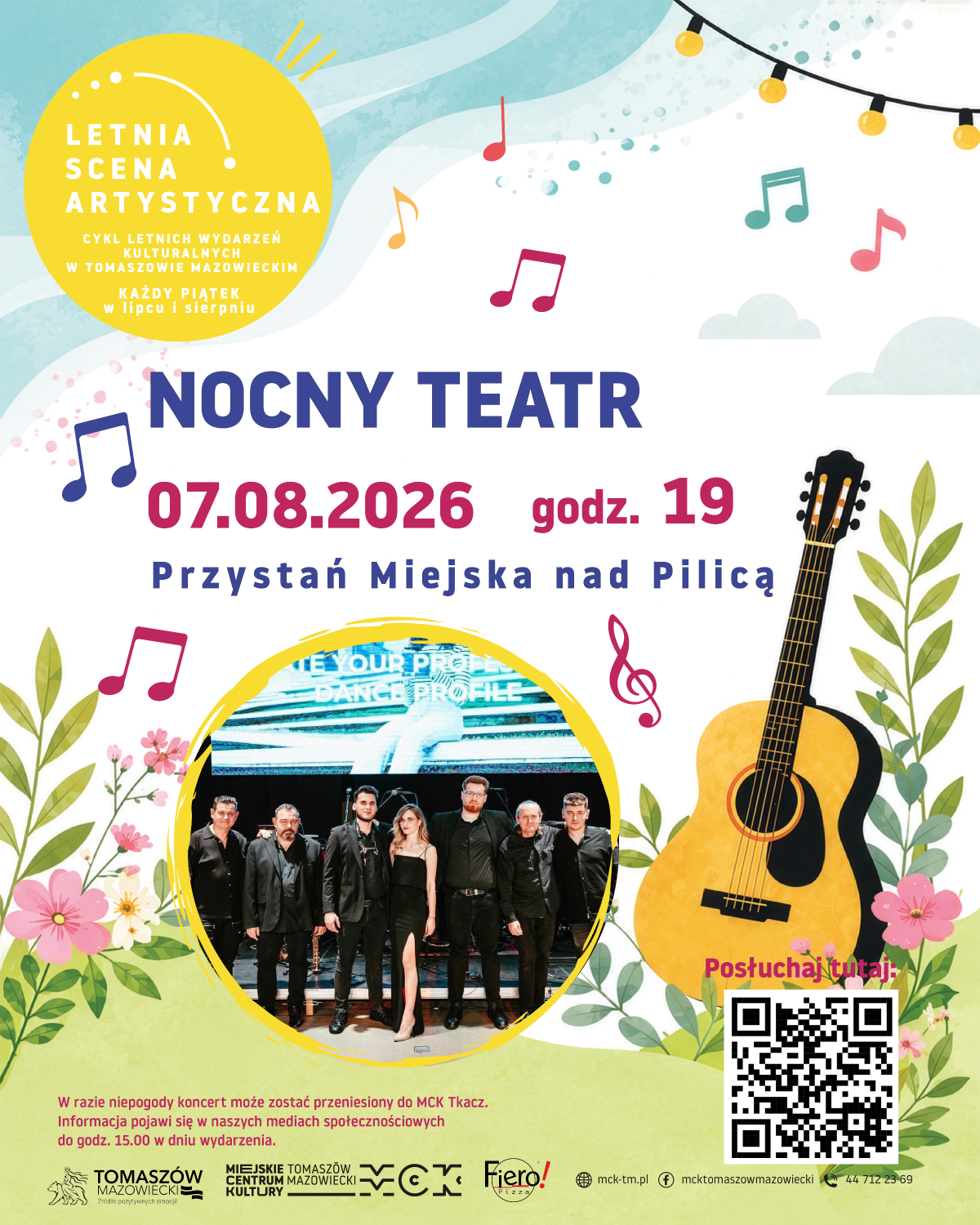 Na zdjęciu plakat koncertu Nocny Teatr na letniej Scenie Artystycznej. Na plakacie foto grupy, grafika polnych kwiatów, nutek i gitary akustycznej