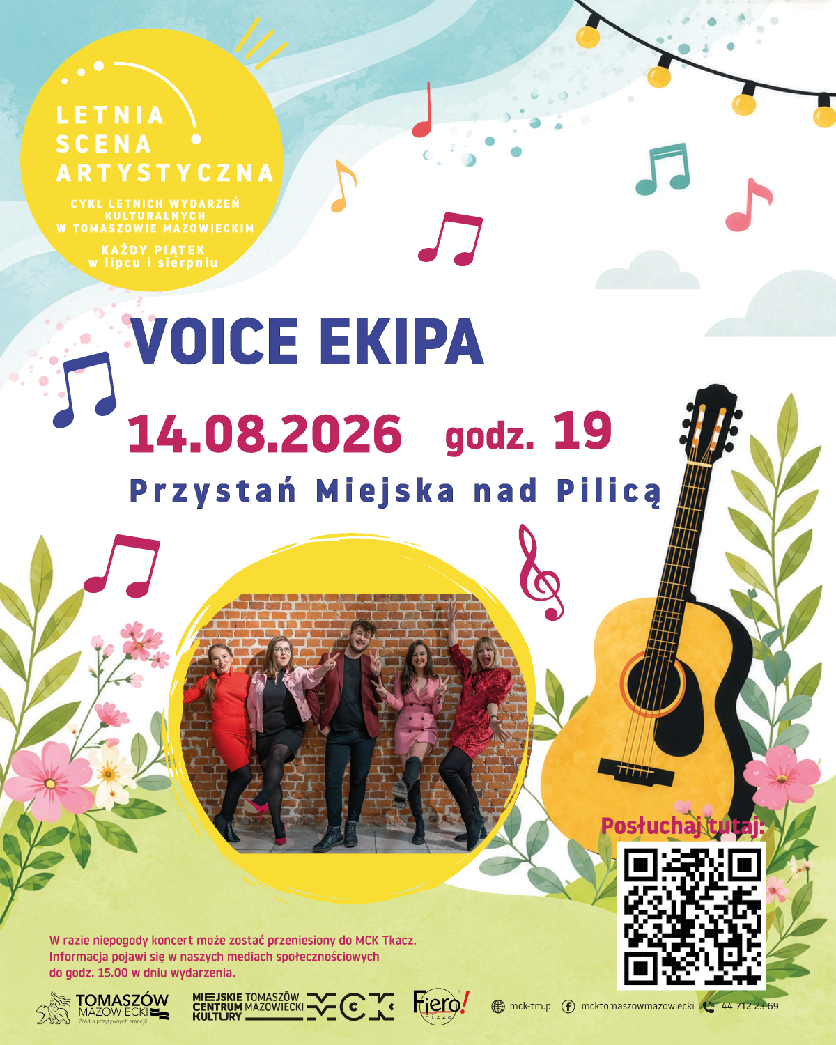 Na zdjęciu plakat zapowiadający koncert Voice Ekipa. Na plakacie foto zespołu oraz grafika gitary akustycznej, polnych kwiatów i nutek