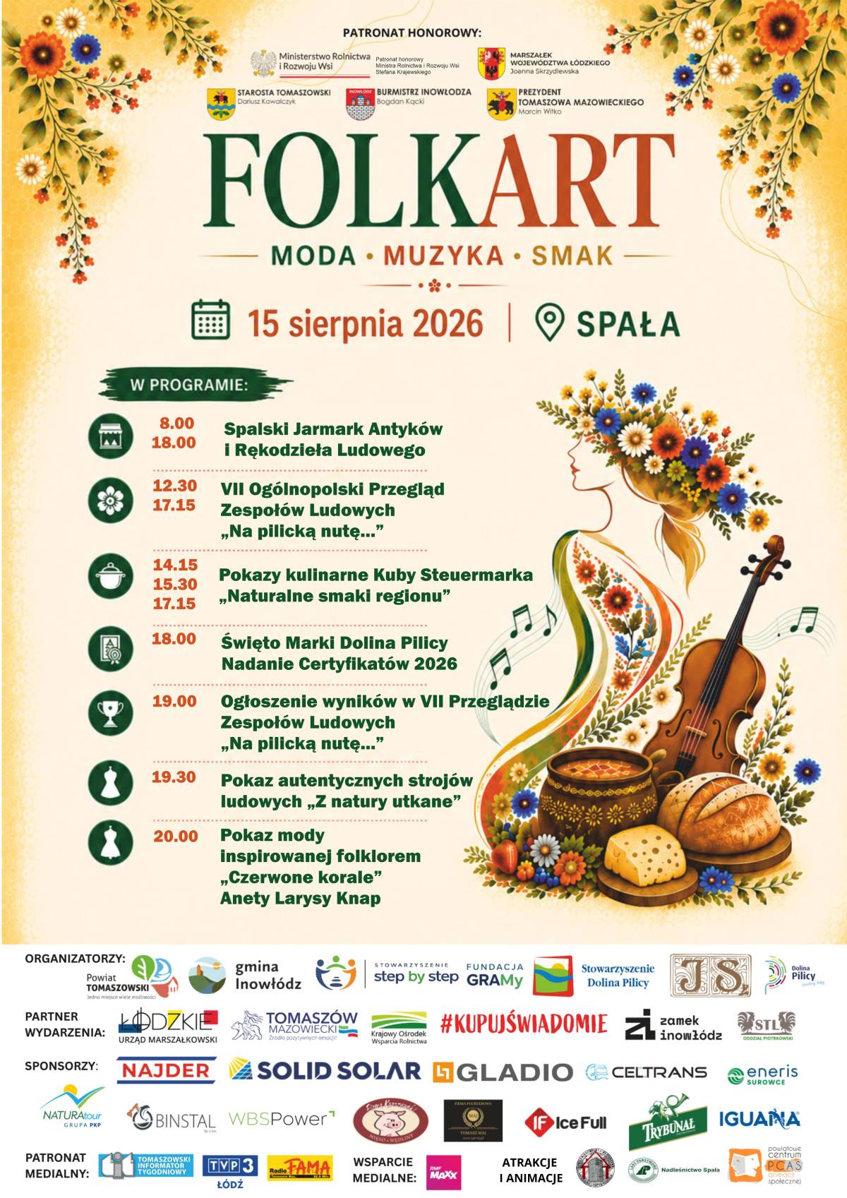 Na zdjęciu plakat Folkartu - wydarzenia folklorystycznego w Spale, na plakacie loga sponsorów i organizatorów, Harmonogram wydarzeń oraz grafika produktów ludowych, wiolonczeli i postaci dziewczyny z wiankiem na głowień