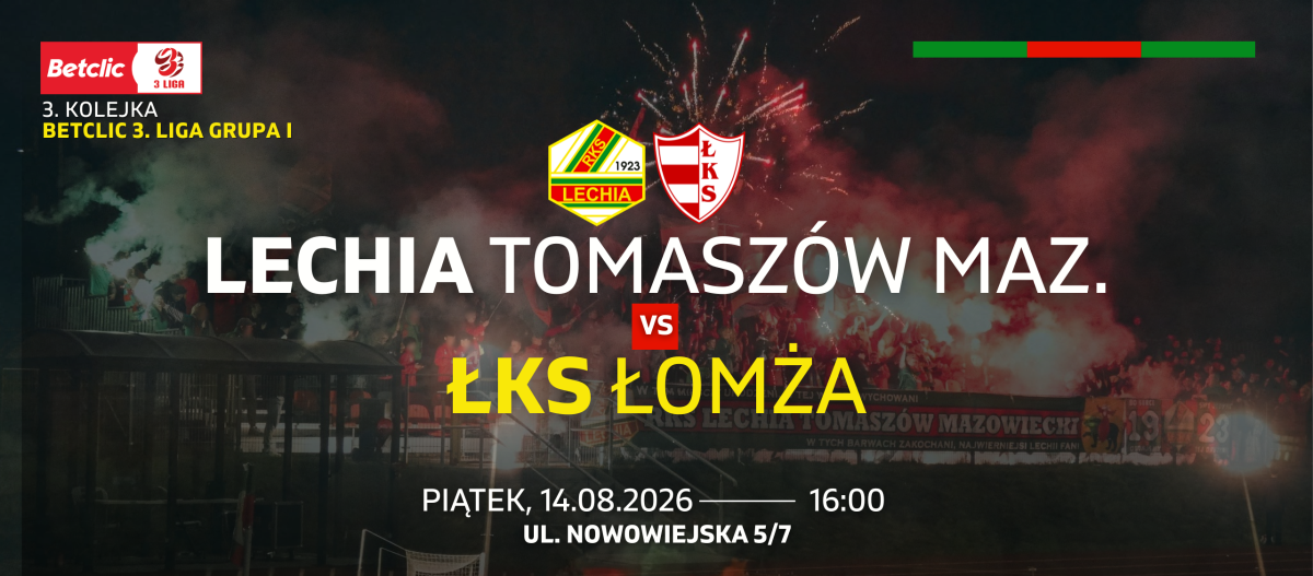 Na zdjęciu baner meczu domowego RKS Lechia z ŁKS Łomża. Na banerze loga klubowe w tle ławka kibiców w osnowie flar