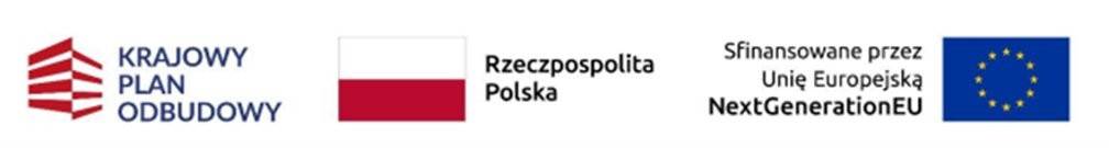 Na białym tle kolejno logo Krajowego Planu Odbudowy, flaga Polski oraz Uni Europejskiej