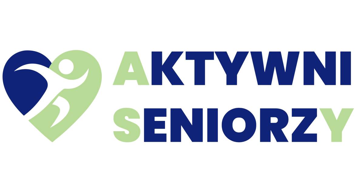 Logo w kształcie serca. W jego centrum postać w ruchu. Obok napis: Aktywni Seniorzy. Logo i tekst w kolorach: granatowym i zielonym