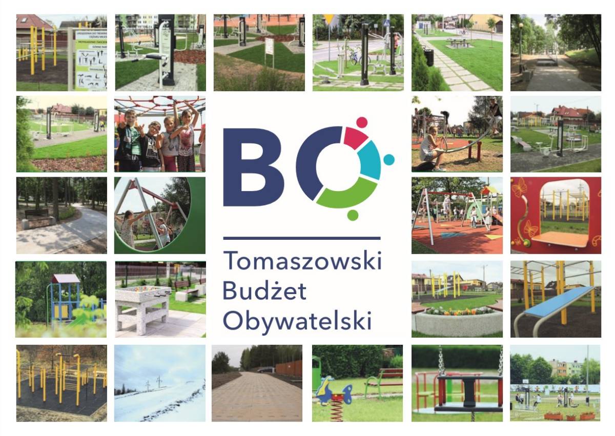 Grafika promująca Tomaszowski Budżet Obywatelski. Na środu znajduje się duży napis TBO. Litera O ma formę kolorowego okręgu, podzielnego na kolory: granatowy, różowy, błękitny i zielony. Obok zdjęcia z poprzednich projektów m.i. sołownie, plac zabaw.