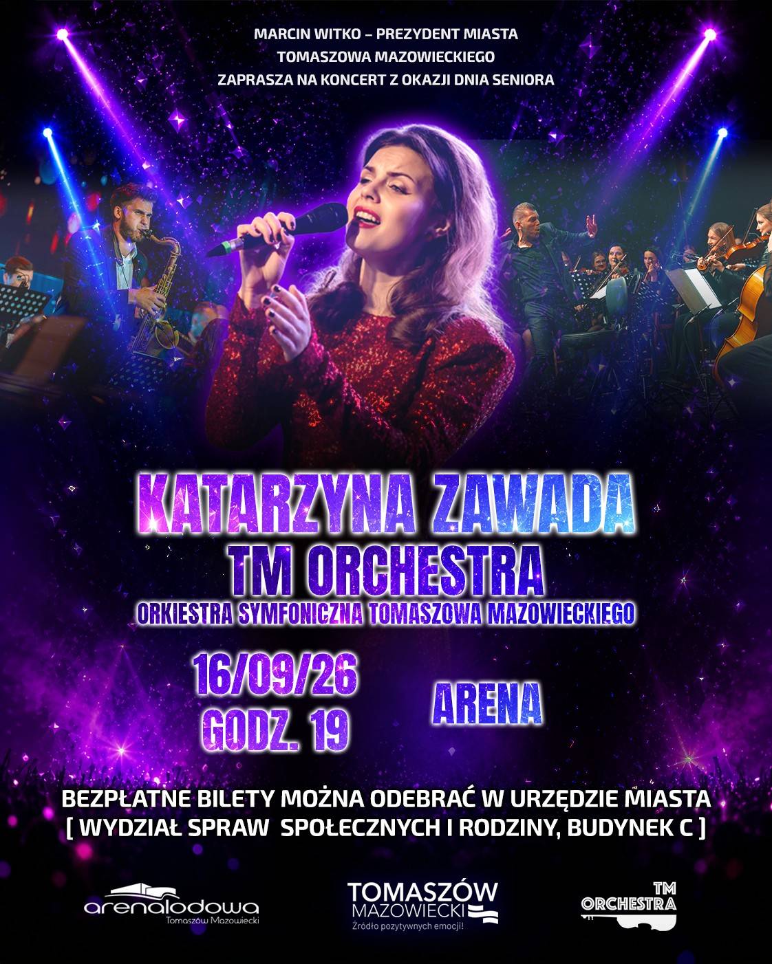 Zaproszenie Prezydenta Tomaszowa Mazowieckiego na koncert Katarzyny Zawady i Orkiestry Symfonicznej Tomaszowa Mazowieckiego -TM Orchestra. Na środku grafiki wokalistka w bordowej sukni śpiewa do mikrofonu. Za nią rozmyte sylwetki muzyków orkiestry.