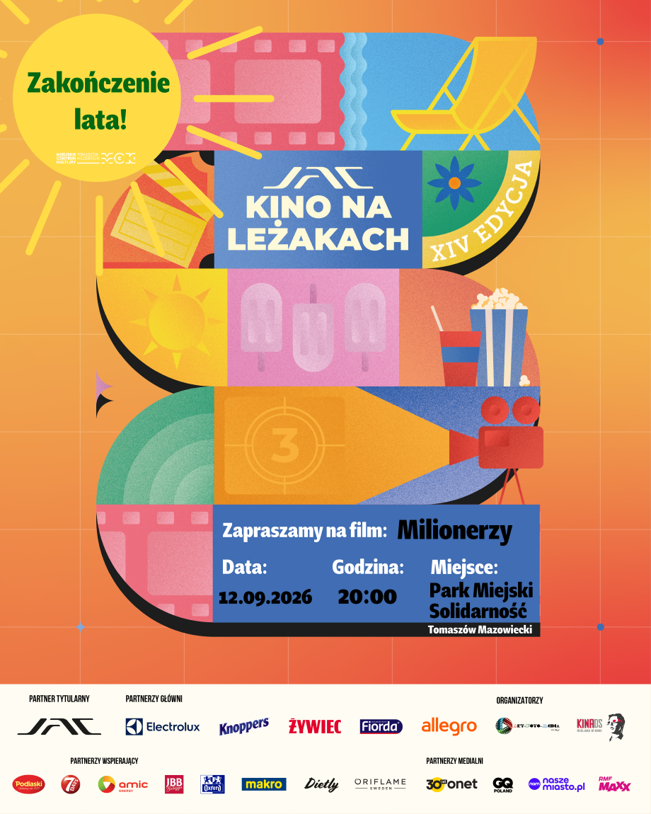 Kolorowy plakat promujący kino na Leżakach. U góry hasło: Zakończenie lata!, ilustracje: leżaków plazowych, taśmy filmowej.  Niżej logo Kina na leżakach, popcorn, napój ze słomką, szczegóły dotyczące wydarzenia. Na dole logotypy parterów.