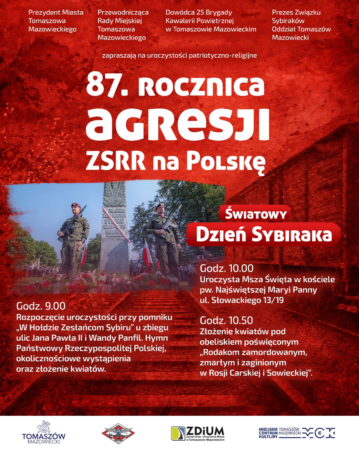 Zaproszenie na uroczystość patriotyczno-religijną upamiętniającą 87. rocznicę agresji ZSSR na Polskę oraz Światowy Dzień Sybiraka. Czerwona grafika z białymi napisami oraz zdjęciem warty honorowej przy pomniku. Na dole logotypy partnerów wydarzenia