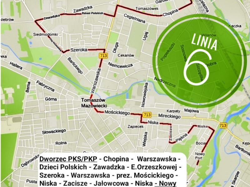 Na zdjęciu mapka kursowania linii nr 6 MZK