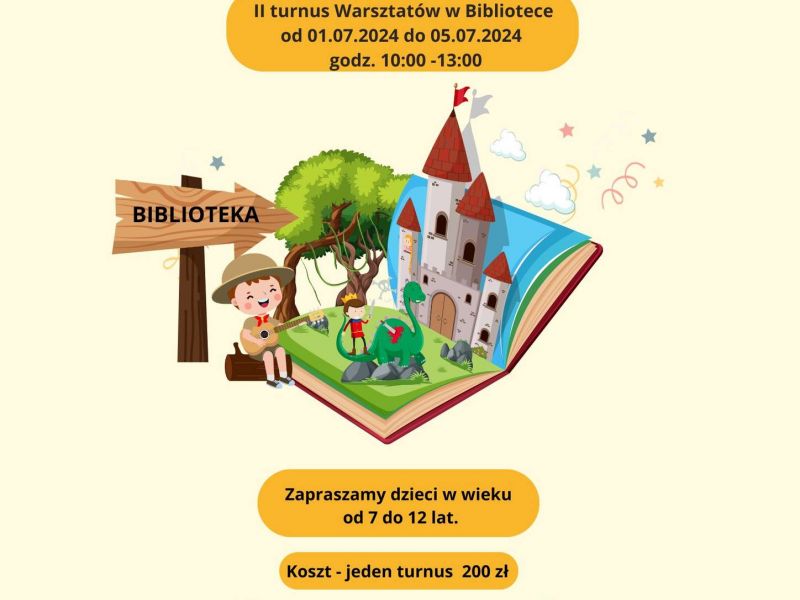 Na zdjęciu plakat wakacji z biblioteką organizowane przez Oddział dla Młodzieży MBP.. Na plakacie grafika otwartej książki z bajkami 