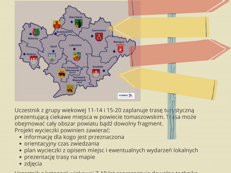 Na zdjęciu mapa powiatu tomaszowskiego. Plakat zachęcający uczniów do udziału w  konkursie literacko-plastycznym 