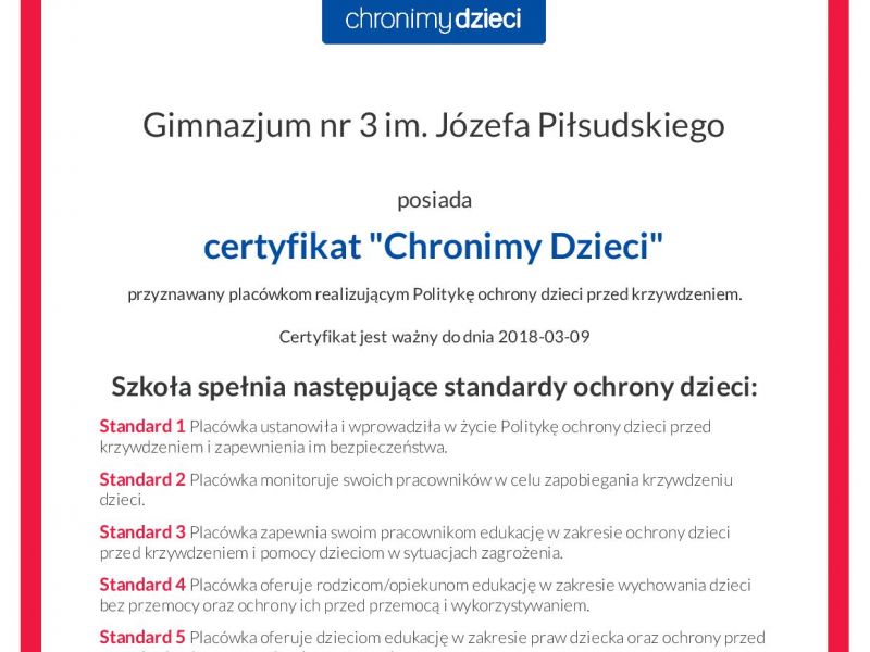 Gimnazjum nr 3 z Certyfikatem „Chronimy Dzieci”