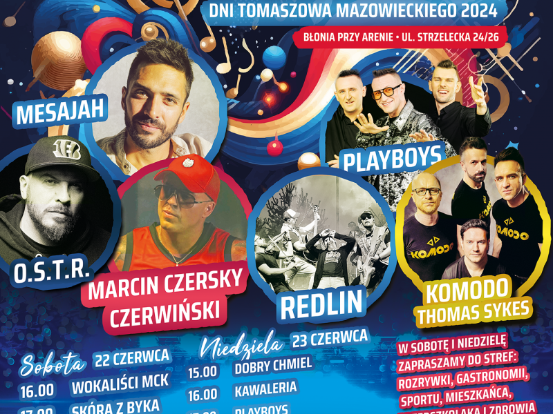 Na zdjęciu plakat Dni Tomaszowa 2024. Na plakacie zdjęcia gwiazd festiwalu oraz harmonogram koncertów