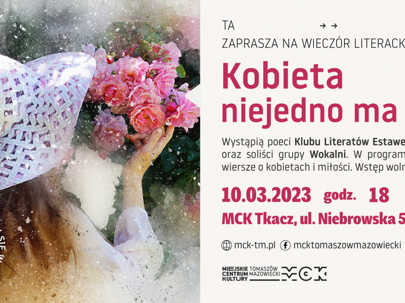 Na zdjęciu baner wieczoru poetyckiego Klubu Literatów Estawela. Na banerze grafika kobiety wąchającej różę