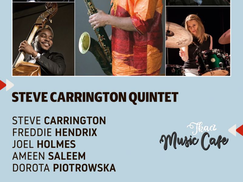 Na zdjęciu plakat koncertu Steve Carrington Quintet. Na fotografii zdjęcia muzyków kwintetu