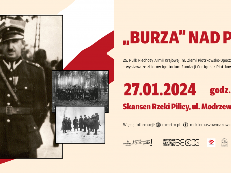 Na zdjęciu baner wystawy Burza nad Pilicą. Na banerze archiwalne zdjęcia z czasów II wś.