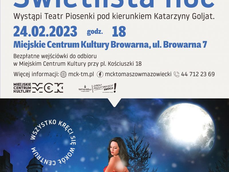 Na zdjęciu plakat z zaproszeniem na koncert Teatru Piosenki w Miejskim Centrum Kultury. na plakacie kobieta stoi na tarasie w gwiaździstą noc. Ubrana w czerwoną suknię.