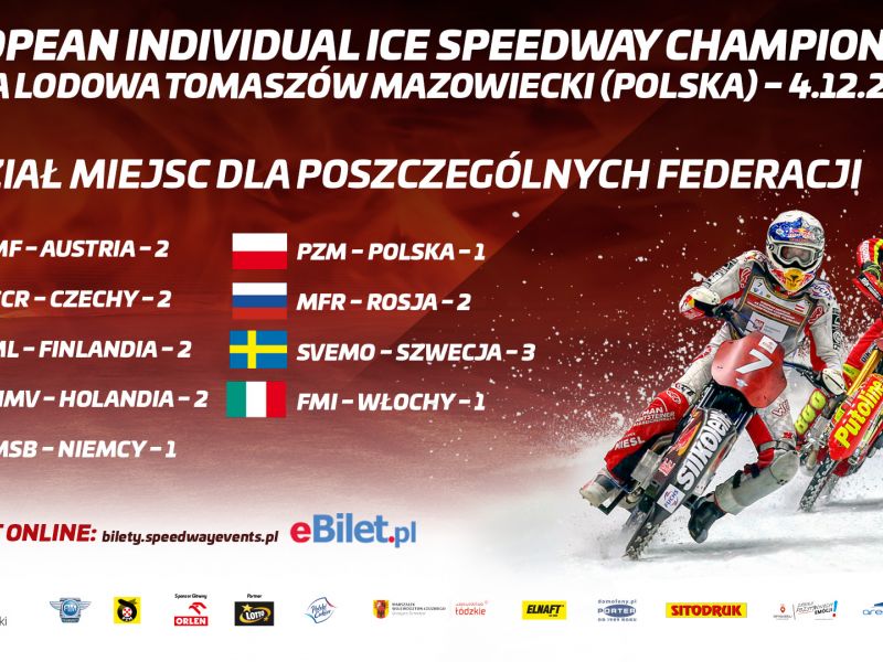 Na zdjęciu baner European Individual Ice Speedway Championship. Na banerze wyścig żużlowców na lodzie