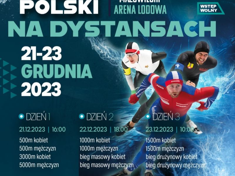 Na zdjęciu plakat Mistrzostw Polski na Dystansach. Na plakacie sylwetki panczenistów