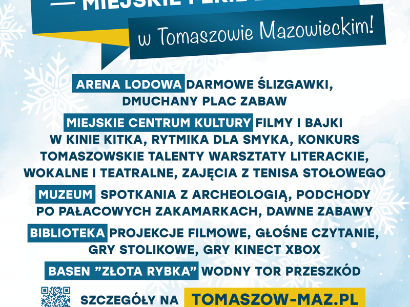 Na zdjęciu plakat bezpłatnych ferii zimowych w Tomaszowie Mazowieckim. Na plakacie zdjęcia z ferii w poprzednich latach
