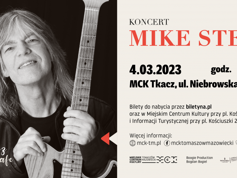 Na zdjęciu baner zapraszający na koncert Mike'a Sterna w MCK Tkacz. Na banerze foto gitarzysty z gitaąa w ręku