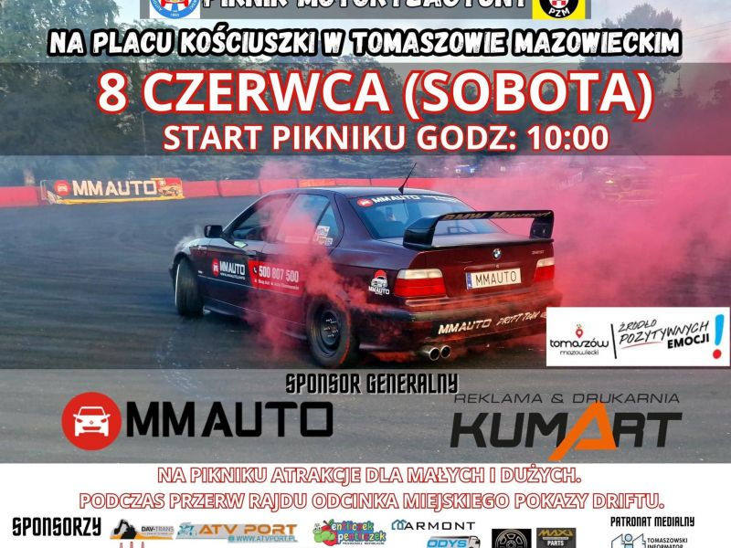 Na zdjęciu plakat pikniku motoryzacyjnego na placu Kościuszki organizowanego przez Automobilklub Piotrkowski