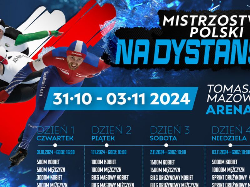 Na zdjęciu baner Mistrzostw Polski na Dystansach. Na banerze sylwetki ścigających się panczenistów