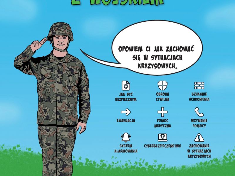 Na zdjęciu plakat programu Edukacja z wojskiem. Na plakacie salutujący żołnierz w mundurze polowym